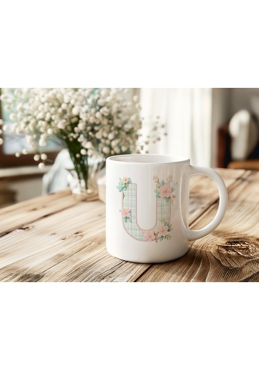 U Harfli Çiçek Desenli Kupa Bardak - Ekose Desenli Yeşil Pembe Desenli Tasarım - Kişiye Özel Hediye Beyaz