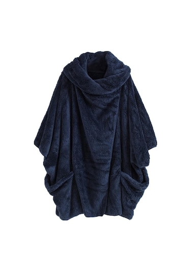 Novahub Kadınlar Casual Katı Balıkçı Yaka Büyük Cepler Pelerin Vintage Büyük Boy Palto Lacivert - M Lacivert