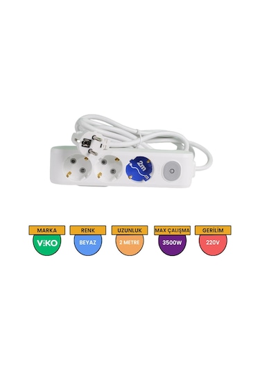 Viko Multi-let 3'lü Grup Priz Anahtarlı Topraklı Çocuk Korumalı 2 M Beyaz - 90117302