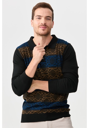 Erkek Polo Yaka Önü Desenli Kazak Siyah Siyah