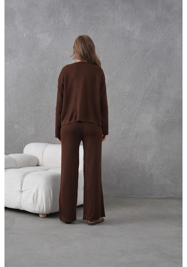 Kadın Bisiklet Yaka Düğme Kapama Kaşkorse Ceket Pantolon İkili Triko Takım Kahve