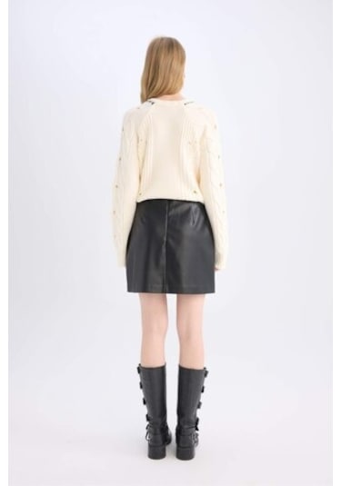 Defacto D3016ax24wnbk27 Coool A Kesim Yüksek Bel Suni Deri Kadın Mini Etek Siyah