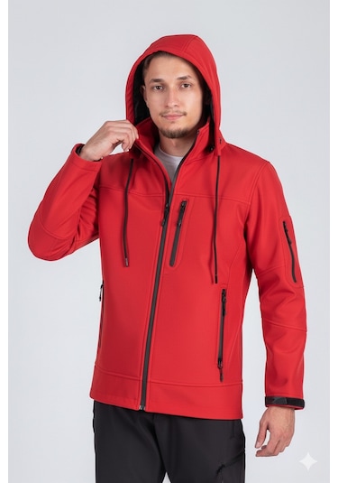 Suya Dayanıklı Slim Fit Softshell Kapüşonlu Erkek Mont Kırmızı