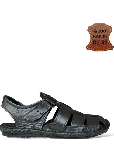 Erkek Hakiki Deri Cırtlı Sandalet Siyah-füme-siyah - Füme Siyah - Füme