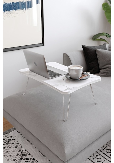 Taşınabilir Katlanır Yatak Koltuk Üstü Hasta Servis Bilgisayar Çalışma Sehpası Beyaz Mermer