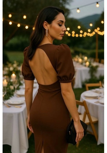 Kadın V Yaka Önü Düğmeli Sırt Pencere Dekolte Elbise Kahverengi