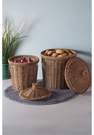Bansko 2'li Koyu Kahverengi Patates Soğan Sepeti Koyukahverengı Hasır Kahve