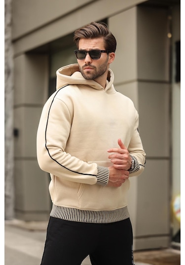 Madmext Bej Kapüşonlu Kanguru Cep Erkek Sweatshirt E7163 Bej