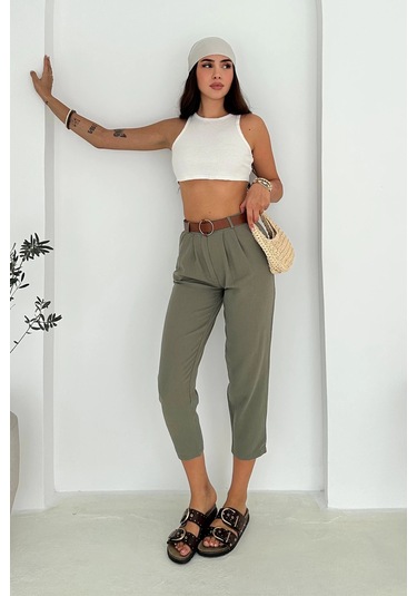 Kemer Detaylı Keten Pantolon Haki Haki