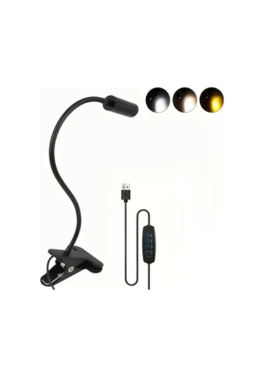 Boatshop1 Esnek Usb Led Klipsli Masa Lambası Simli 3 Mod 10 Parlaklık Ayarlanabilir Boyun Kelepçe Siyah Mat Metal Uzay Tasarımı Ev Ofis Simli
