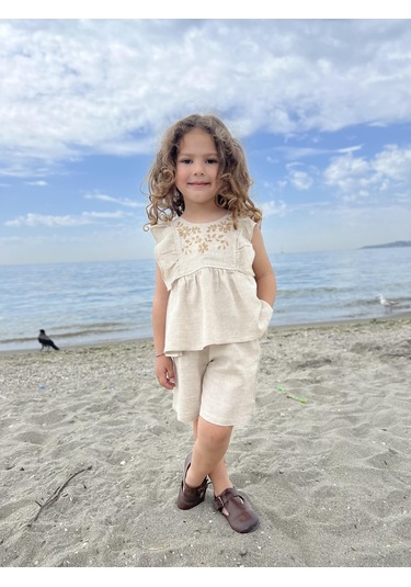 Robası Nakışlı Keten Kız Çocuk Takım Natürel Bej