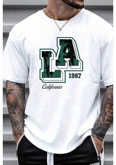 Erkek La California 1987 Baskılı Oversize Tshirt Beyaz