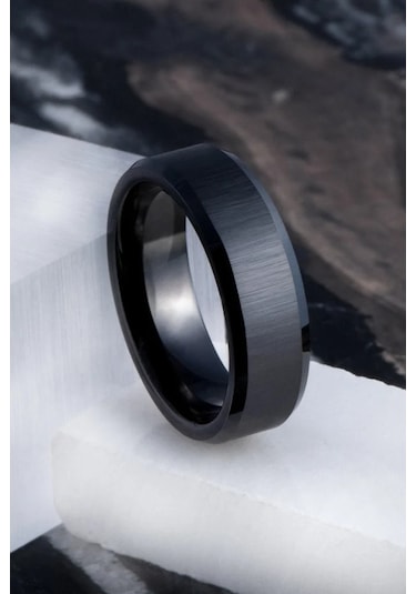 Takı Dükkanı Kişiye Özel İsim Yazılı Köşeli 8mm Mat Fırçalanmış Düz Unisex Çelik Yüzük Alyans Cl48y Siyah