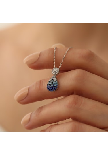 925 Ayar Gümüş Işıltılı Mavi Tonlamalı Drop Kolye
