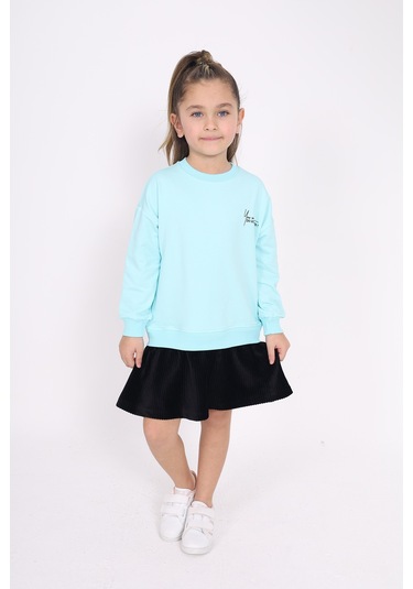 Toontoy Kız Çocuk Göğsü Yazı Baskılı Elbise Su Yeşili