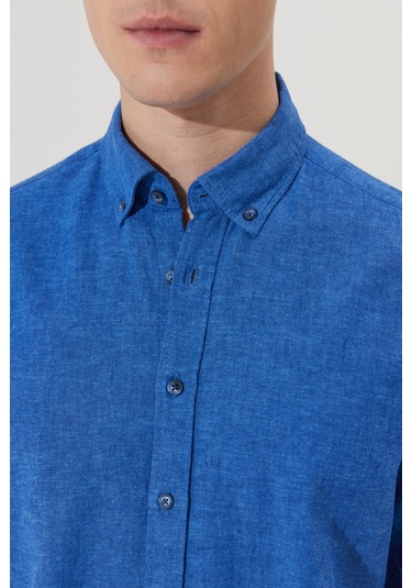AC&Co / Altınyıldız Classics Erkek Lacı Comfort Fit Rahat Kesim Düğmeli Yaka Keten Gömlek Lacı Lacivert
