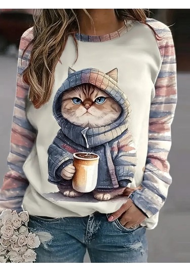 Kadın Uzun Kollu Bisiklet Yaka Kedi Baskılı Şardonlu Dalgıç Bluz Beyaz