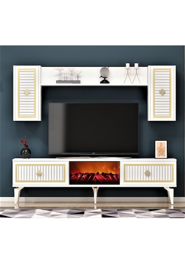Nil Şömineli Tv Ünitesi Beyaz-altın
