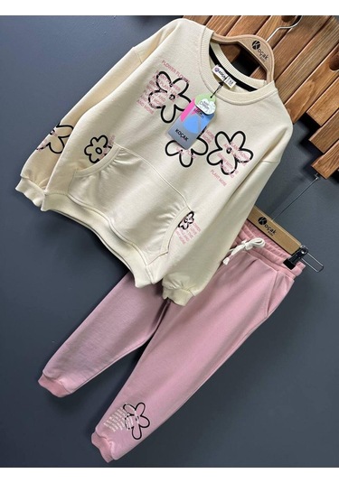 Çiçekli Kanguru Cepli Kız Çocuk 2'li Takım Pembe