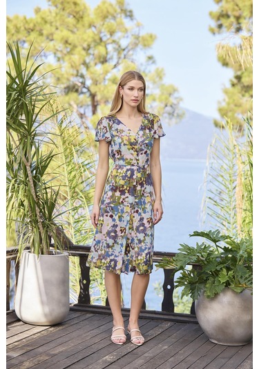 Monamise Kadın Desenli Önü Düğmeli Kısa Kollu V Yaka Elbise 25049 Mor