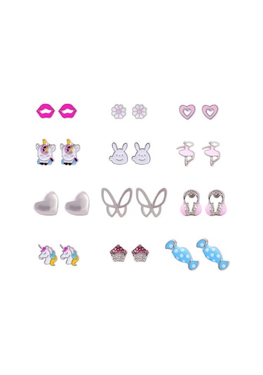 Chavin Çocuk Genç 12 Çift Mineli Figür Küpe Seti es95 Çok Renkli