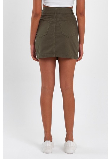 Kadın Çift Düğmeli Mini Kot Etek Haki-haki Haki