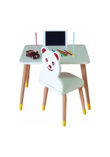 LİVA AHŞAP Çocuk Aktivite Masa Sandalye Takımı Tekli Ayıcıklı Beyaz - Sarı