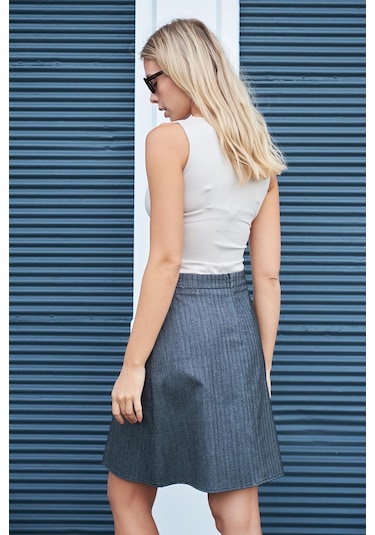 Kadın Hafif Likralı Desenli Kumaş Ekoseli Yüksek Bel Diz Boy Çan Etek-balık Sırtı Balık Sırtı