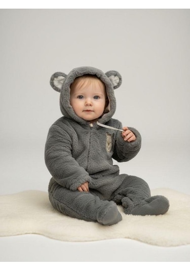 Zekids Bebek Peluş Kapüşonu Kulak Detaylı Tulum-16670 Gri