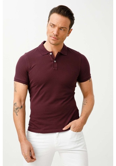 Erkek Mürdüm Standart Polo Yaka Tişört-9472 MÜRDÜM