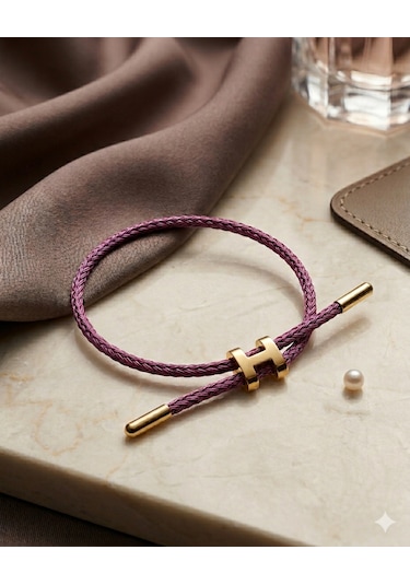 Unisex H Model Gold Renk Çelik Detay Eflatun İp Bileklik Mor