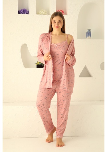 Sabahlıklı Dantel Detaylı Pegasus Kadın Pijama Takımı-çeyizlik Takım- Geniş Beden Aralığı Pembe