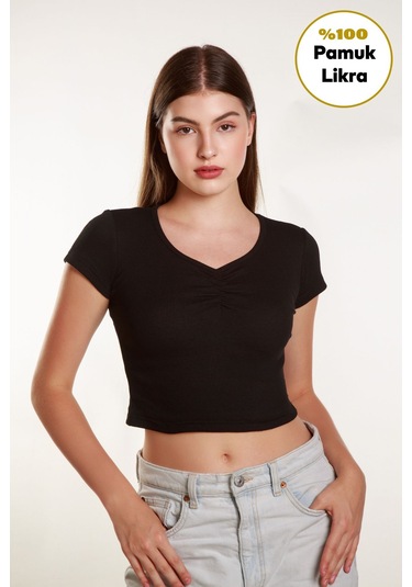 Kadın Fitted Crop Ön Yaka Bözgülü Fitilli Kollu Tshirt Atlet Bluz Siyah