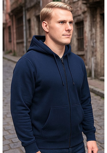 Lacivert Kapşonlu Fermuarlı Sweatshirt Lacivert