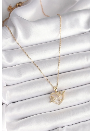316l Çelik Gold Renk Zincir Zirkon Taşlı Kalp Model Yıldız Detay Kadın Kolye Çok renkli