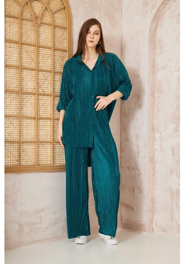 Kadın Pliseli Beli Lastikli Pantolon Tunik Gömlek Ikili Bürümcük Salaş Takım 3573300 Zümrüt