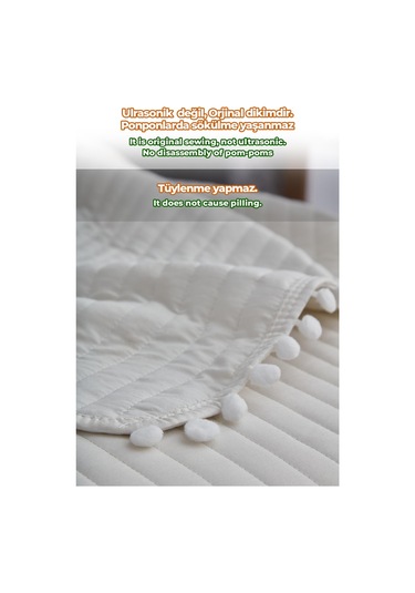 Evlen Home Collection Ponponlu Çift Kişilik %100 Pamuk Yatak Örtüsü Pike Takımı Krem Beyaz