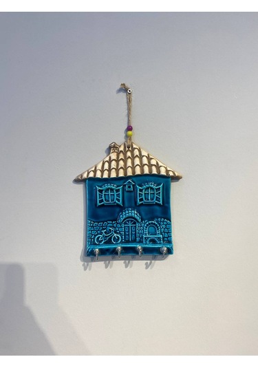 El Yapımı Nazar Boncuğu, Duvar Dekorasyon Ürünü, Seramik, El İşçiliği, Turkuaz Renkte Ev Desenli Anahtarlık -