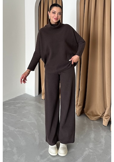 Modagen Kadın Selanik Kumaş Balıkçı Yaka Alt Üst Takım Kahve
