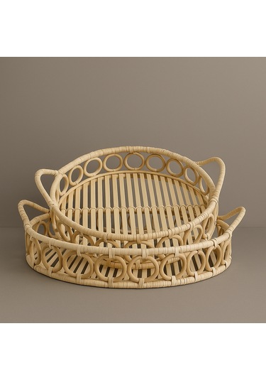 El Yapımı 2 Li Doğal Rattan Sunum Ve Servis Tepsi Seti Bohem Tarz Dekoratif Tepsi 35 Cm & 30 Cm Rattan