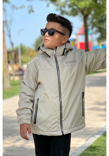 Erkek Çocuk Sabit Kapüşonlu Metal Armalı İçi Kürklü Mont Km3987 Bej