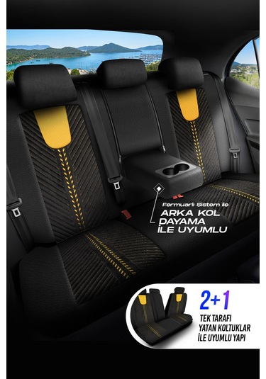 Siyah - Sarı Garni Panda Monte Carlo Serisi Velor Kadife Kumaş Oto Koltuk Kılıfı - Tam Set