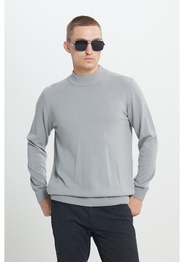 Erkek Vızon-grı Melanj 2'li Paket Standart Fit Normal Kesim Yarım Balıkçı Yaka Basic Triko Kazak Vızon-grı Melanj