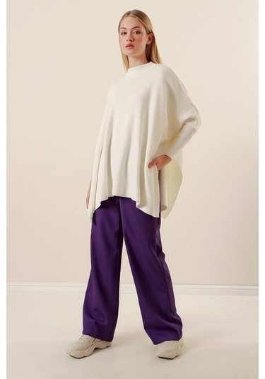 Bigdart 15783 Yırtmaçlı Panço Kazak - Beyaz 001