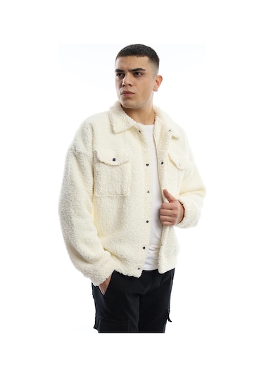 Erkek Kıvırçık Peluş Cıt Cıt Kapamalı Ceket Ekru
