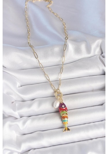 İnci Detaylı Zirkon Taşlı Rainbow Balık Figürlü Gold Renk Pirinç Kolye Çok Renkli
