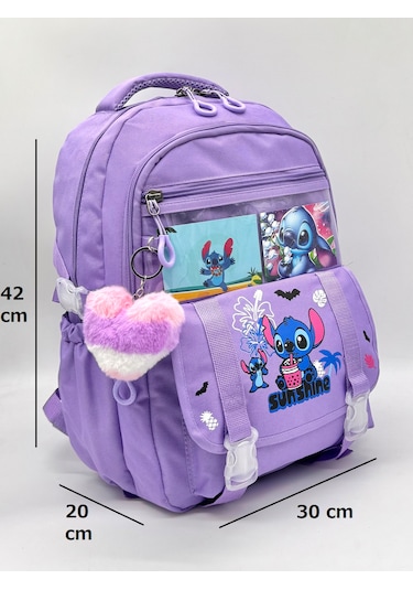 Stitch Desen Aksesuarlı Kore Tarzı Termal Beslenmeli Ve Kalemlikli Kız Çocuk Okul Sırt Çantası Seti Lila
