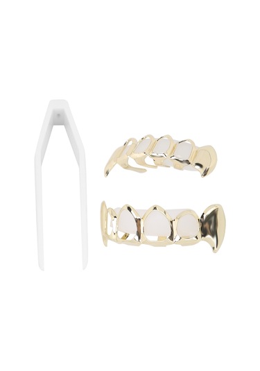 Lemestar Hip Hop Altın Diş Protezi: Delikli Tasarım, Mikro Zirkon Taşlı Zincirli, Üst/alt Dişlere Uygun, Kaliteli Pirinçten Yapım Gold