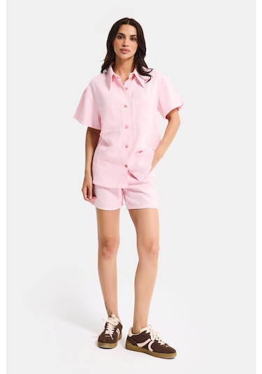 Itsbasic Kadın Light Pembe 6s6-98 Oversize %100 Koton Pamuk Denim Gömlek
