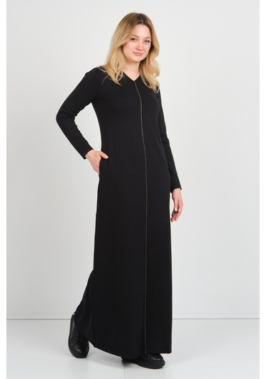 Sistas Kadın V Yaka Çift Cepli İnce Şerit Detaylı Maxi Elbise 23813 Siyah Siyah